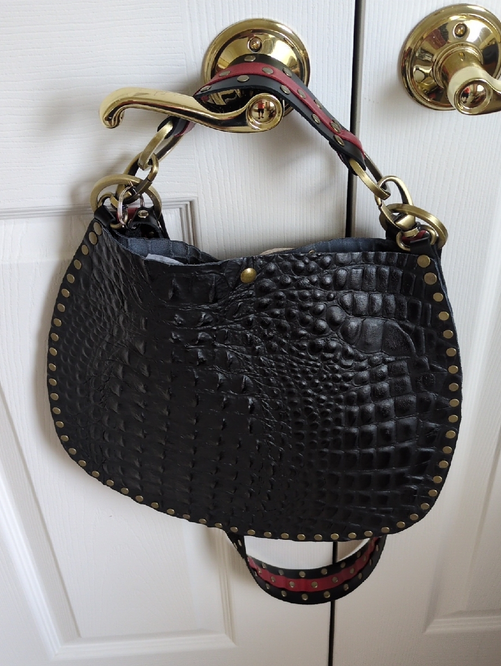 Rebellion Black Croc-Embossed Shoulder Bag with Red Accent Strap